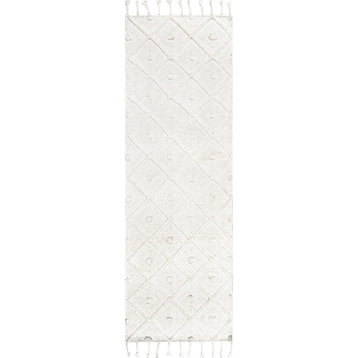 nuLOOM Hand-Loomed Diamond Textured Tassel Rug, Ivory, 2'6"x6'