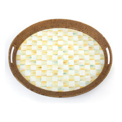 Parchment Check Rattan & Enamel Party Tray | MacKenzie-Childs - Serving Trays