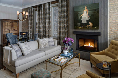 Living room - transitional open concept dark wood floor living room idea in Chicago with gray walls, a ribbon fireplace, a tile fireplace and a concealed tv