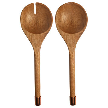 2-Piece Mango Wood With Copper Finish Accents Salad Fork and Spoon Set
