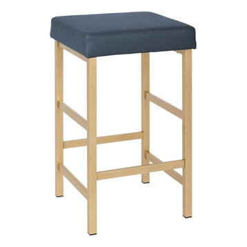 26" Gold Backless Stool in Blue Faux Leather