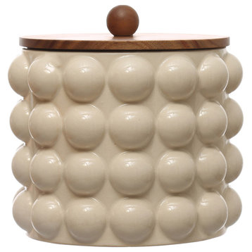 8.25" Round Stoneware Canister, Raised Dots, Acacia Wood Lid, White, Natural