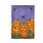 Breeze Decor - Halloween 3 Pumpkins 2-Sided Impression Garden Flag - Size: 13 Inches By 18.5 Inches - With A 3" Pole Sleeve. All Weather Resistant Pro Guard Polyester Soft to the Touch Material. Designed to Hang Vertically. Double Sided - Reads Correctly on Both Sides. Original Artwork Licensed by Breeze Decor. Eco Friendly Procedures. Proudly Produced in the United States of America. Pole Not Included.