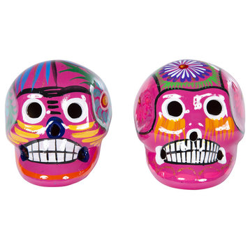 Small Multicolor Day of the Dead Skulls, 2 Piece Set, Pink