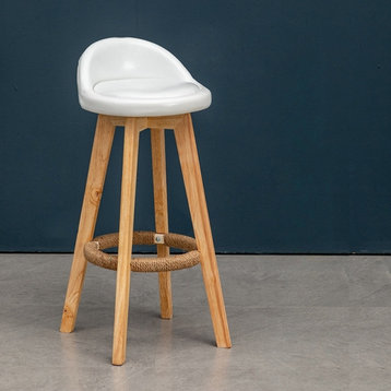 Retro-Styled Rotating High Bar Stool Made of Solid Wood, White, Wax Oil Leather