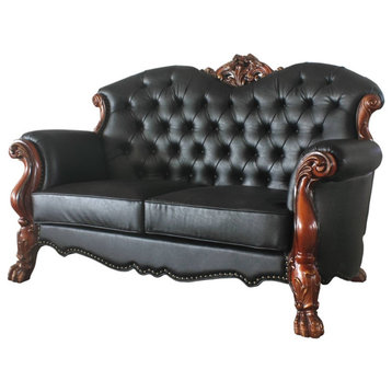 Bowery Hill Traditional Faux Leather/Wood Loveseat with 3 Pillows in Black