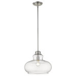 Acclaim Lighting - Acclaim Torrel 1-Light Pendant, Satin Nickel - The Torrel pendant features a fresh take on a lunch counter light. A single bulb is housed inside of an airy, bell-shaped globe of clear glass. Available in satin nickel and oil-rubbed bronze.
