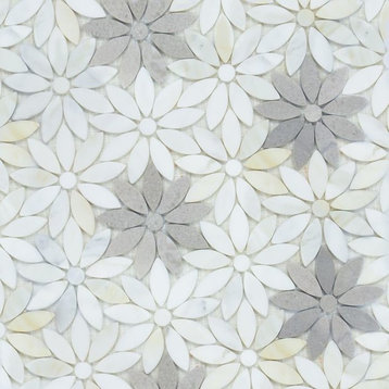 Flower Pattern Natural Stone Mosaic Tiles Polished, Calacatta Gold and Gray Marb