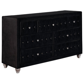 Modern Dresser, 7 Drawers & Soft Velvet Cover With Crystal Button Accents, Black