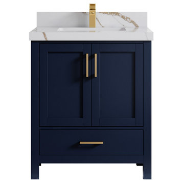 Malibu 30 Single Sink Bath Vanity in Navy Blue 2" Calacatta Gold