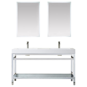 Ablitas Vanity, Metal Support, Polished Chrome, 60m", White Sink, With Mirror