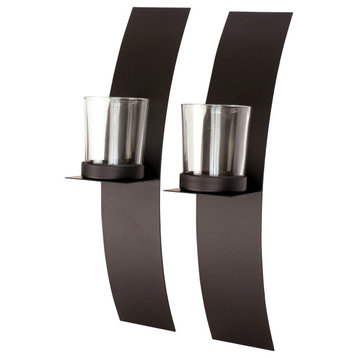 12"x2.5" Candle Wall Sconce Holder With Glass Black Metal Wall Decor Set of 2