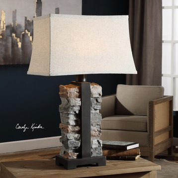 Rustic Indoor Outdoor Stacked Stone Table Lamp Concrete Iron Lodge Organic Shape