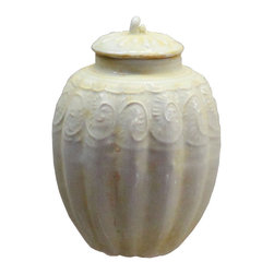 Chinese Handmade Ceramic Cream White Floral Motif Jar - Decorative Jars And Urns
