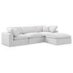 Meridian Furniture - Comfy Upholstered L-Shaped Modular Sectional, Cream, 4-Piece: 1 Armless Chair, 2 Corner Chair, 1 Ottoman, Velvet - Give your space a whole new look with this cream Comfy velvet sectional. This handsome sectional fits nicely with other items in the Comfy collection and is a versatile seating option designed for adaptability, comfort and style. Wrapped in rich cream durable velvet upholstery, this sectional offers a plush embrace of overstuffed down feather cushions, carefully crafted to deliver the highest level of comfort. The perfect seat for creating an oasis for relaxation, this sectional has thick foam surrounding its frame for added support and coziness.