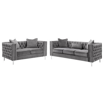 RN Furnishings modern Velvet fabric sofa and Loveseat Living room Set -Gray
