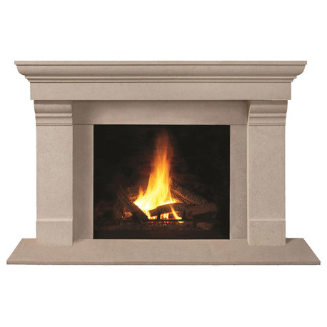 Fireplace Stone Mantel 1147.556 With Filler Panels, Buff, With Hearth Pad