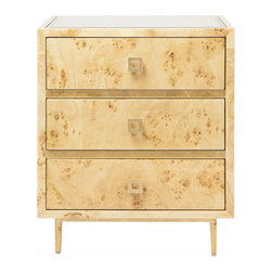 Worlds Away Hyde 3 Drawer Burl/Gold Nightstand - Nightstands And Bedside Tables