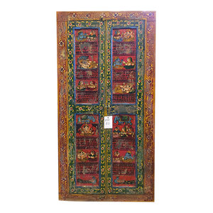 Mogul Interior - Consigned Indian Doors Ganesha Krishna Mantra Red Vintage Antique Doors - Rich with history and detail these set of doors will accent beautifully any room.