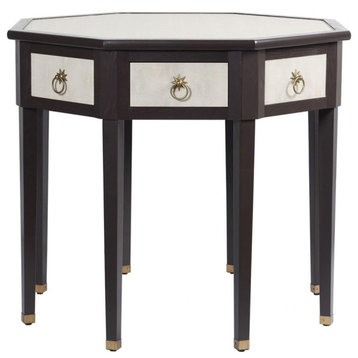 Unique End Table, Octagonal Design With Ivory/Gray Faux Shagreen & Brass Accents