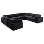Meridian Furniture - Comfy Upholstered U-Shaped Modular Sectional, Black, 8-Piece: 4 Armless Chair, 4 Corner Chair, Velvet - Give your space a whole new look with this black Comfy velvet sectional. This handsome sectional fits nicely with other items in the Comfy collection and is a versatile seating option designed for adaptability, comfort and style. Wrapped in rich black durable velvet upholstery, this sectional offers a plush embrace of overstuffed down feather cushions, carefully crafted to deliver the highest level of comfort. The perfect seat for creating an oasis for relaxation, this sectional has thick foam surrounding its frame for added support and coziness.