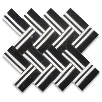 Nero Marquina Black Marble Thassos White 1x4 Herringbone Tile Polished, 1 sheet
