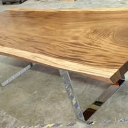 Chrome U leg, single slab live edge monkeypod dining table - Dining Tables