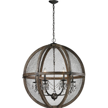 Large Renaissance Invention Wood And Wire Chandelier - Aged Wood,Bronze,Clear Cr