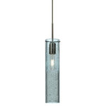Besa Lighting - Besa Lighting 1JT-JUNI16BL-BR Juni 16 - One Light Cord Pendant with Flat Canopy - The Juni 16 Pendant is composed of a narrow transparent Blue glass cylinder, with an interesting bubble pattern blown randomly throughout the glass. The pleasing play of light through the bubble accents make for a striking affect, along with the prominent display of the lamp filament behind the glass. The cord pendant fixture is equipped with a 10' SVT cordset and an low profile flat monopoint canopy. These stylish and functional luminaries are offered in a beautiful brushed Bronze finish.  No. of Rods: 4  Canopy Included: TRUE  Shade Included: TRUE  Canopy Diameter: 5 x 0.63< Rod Length(s): 18.00Juni 16 One Light Cord Pendant with Flat Canopy Bronze Blue Bubble GlassUL: Suitable for damp locations, *Energy Star Qualified: n/a  *ADA Certified: n/a  *Number of Lights: Lamp: 1-*Wattage:60w Medium base bulb(s) *Bulb Included:No *Bulb Type:Medium base *Finish Type:Bronze