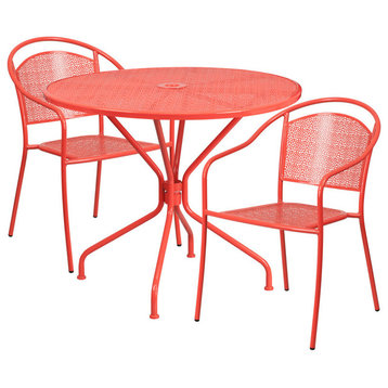 Flash Furniture 3 Piece 35" Round Steel Flower Print Patio Dining Set in Red