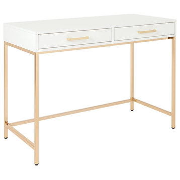 Modern Desk, Metal Frame and 2 Drawers With Bar Pulls, High Gloss White/Gold