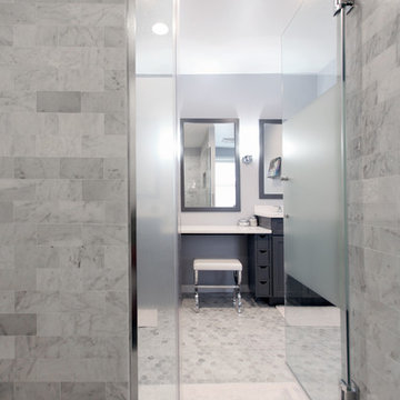 Carrara Marble, White Carpet, and White Leather Upholstery