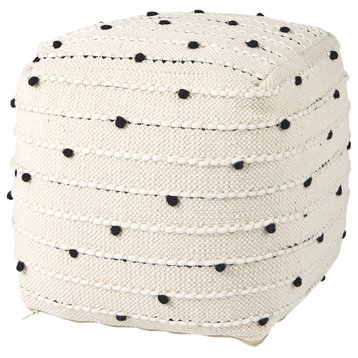 Amaira 16.0Lx16.0Wx16.0H Cream/Black/White patterned Wool and Cotton Pouf