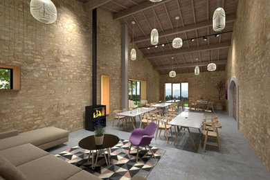 Cette image montre un grand salon design ouvert avec une salle de réception et un poêle à bois.