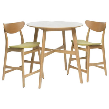 3 Pcs Bar Pub Set, Round Table & Padded Stool With Curved Open Back, Green Tea