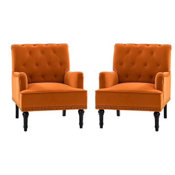 Upholstered Tufted Comfy Accent Armchair With Nailhead Trim Set of 2, Orange