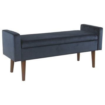 Velvet Upholstered Wooden Bench With Lift Top Storage & Tapered Feet, Navy Blue