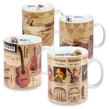 Assorted Mugs of Knowledge, Set of 4, Literature, History, Music, Art