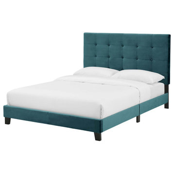 Contemporary Modern Bedroom Full Size Platform Bed Frame, Velvet Fabric, Blue