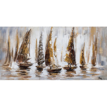 "Gold Sail Boats" Hand Painted Canvas Art, 55"x27.5" - Wrapped Canvas Painting