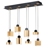ET2 Lighting - Nob LED 8-Light Pendant - These geometric pendants can be arranged at various heights to create both a sculptural and functional form. Housings of plated Gold in various shapes and sizes are topped with a round handle of Black and finished on the bottom with a Clear acrylic diffuser.