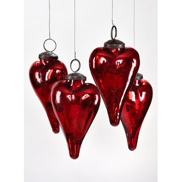 Set of 4 Antique Red Glass Heart Ornaments, 3" Tall