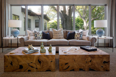 Living room - large transitional formal and enclosed carpeted and brown floor living room idea in Tampa with white walls, no fireplace and no tv