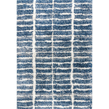 Merida Stacked Grid Shag Area Rug, Indigo Blue/Ivory, 3 X 5