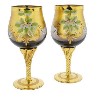 Blue Crystal Wine Glasses Accented With 24k Gold