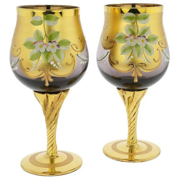 GlassOfVenice Set of Two Murano Glass Wine Glasses 24K Gold Leaf - Purple
