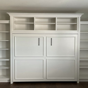 Custom Built Vertical Murphy Bed with Side and Upper Shelving, In White Finish