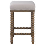 Uttermost - Uttermost Pryce 15 x 26" Wooden Counter Stool - A Casual Statement Counter Stool Featuring Spindle Turned Legs And Carved Trim Finished In A Light Walnut Stain. Plush Seat Is Tailored In A Soft Ivory Linen Blend Fabric Accented With Brushed Nickel Nail Head Trim. Seat Height Is 26".