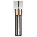 Nuvo Lighting - Eaves- 1 Light Pendant - with Matte Black Cage - Copper Brushed Brass Finish - Satco's 60-6612 Eaves 1 light pendant is an eye catching industrial modern luminaire. The slim T9 bulb suspends from black wire and copper brushed pulley and cap, surrounded by a black matte cage.