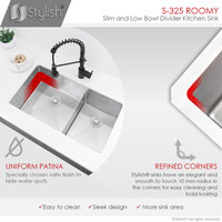 STYLISH 32" x 18" Stainless Steel Low Divider Undermount Kitchen Sink